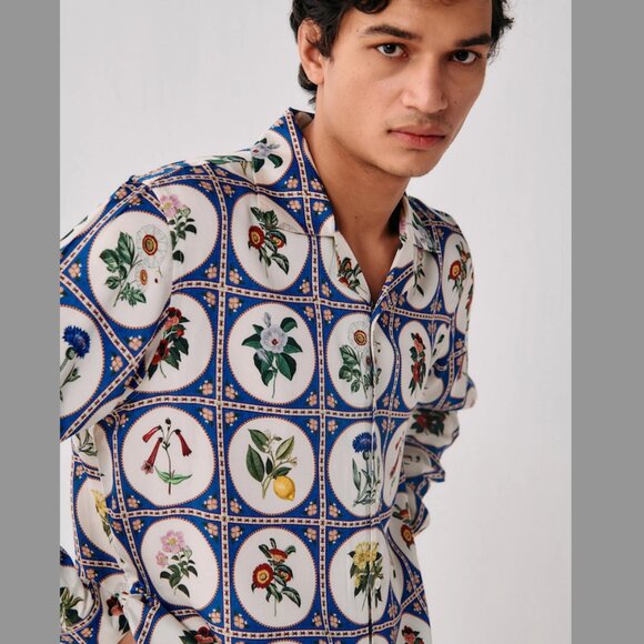 Perte d'ego Botanical illustrations half sleeves shirt- Blue - Picture 1 of 2